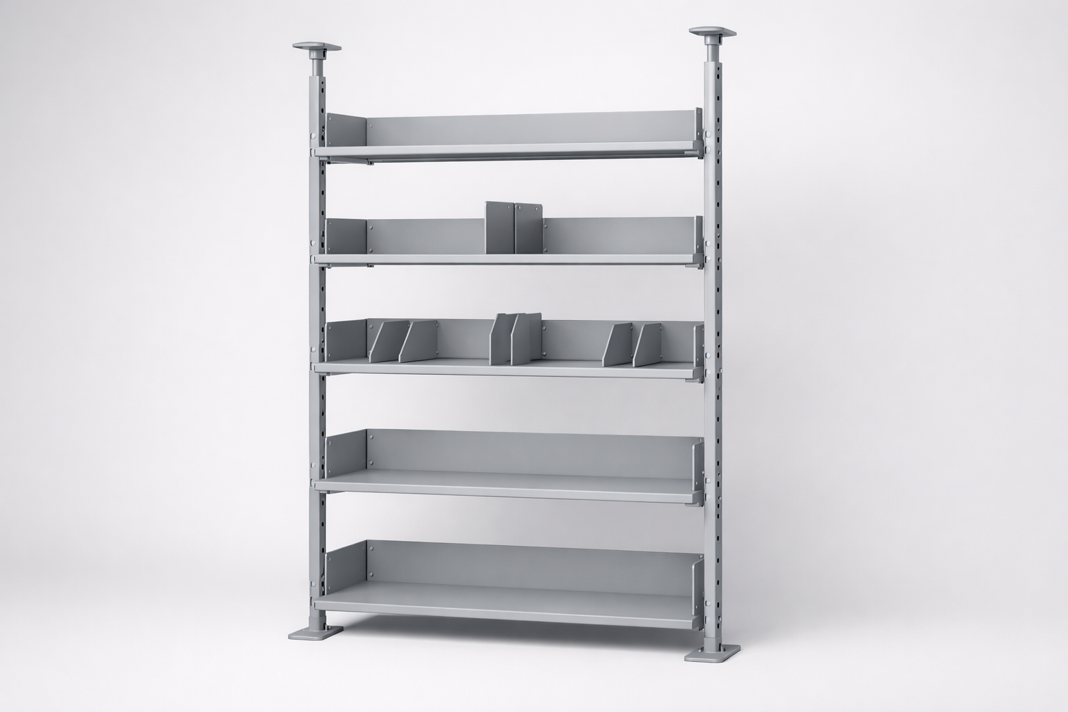 Boltless RMM shelving — A family of boltless metal shelving units for archives, workshop back rooms, technical rooms and storage spaces with changing layouts.