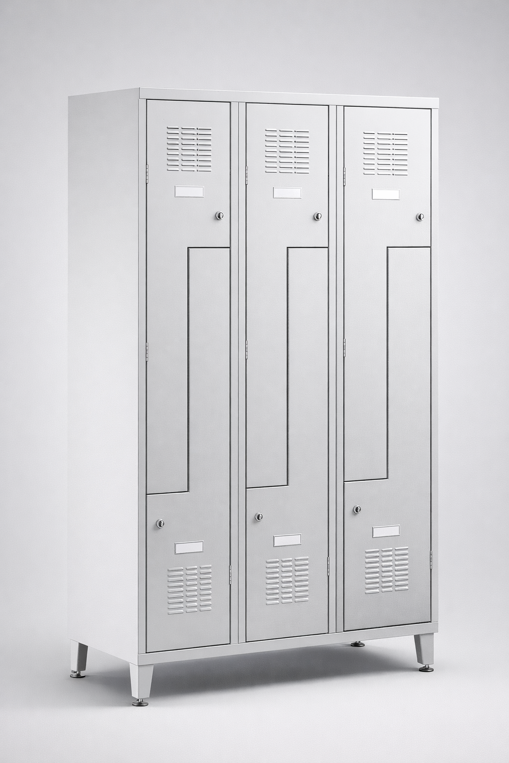 L-shaped staff locker Sul 33 W st – with legs - efficient use of changing-room space while keeping